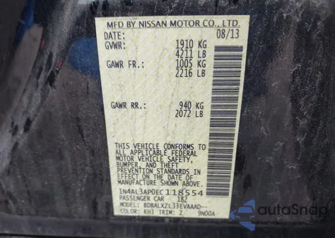 2014 Nissan Altima 2.5 Sl from USA, damaged, VIN 1N4AL3AP0EC118554